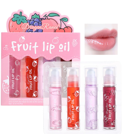 KTouler 4 Pcs Fruit Lip Oil Set Lip Gloss Crystal Jelly Liquid Lipstick, Set Moisturizing Hydrating Non-Stick cup Long Lasting Lip Kit for Women and Girls (Lip Oil, 4Pcs)
