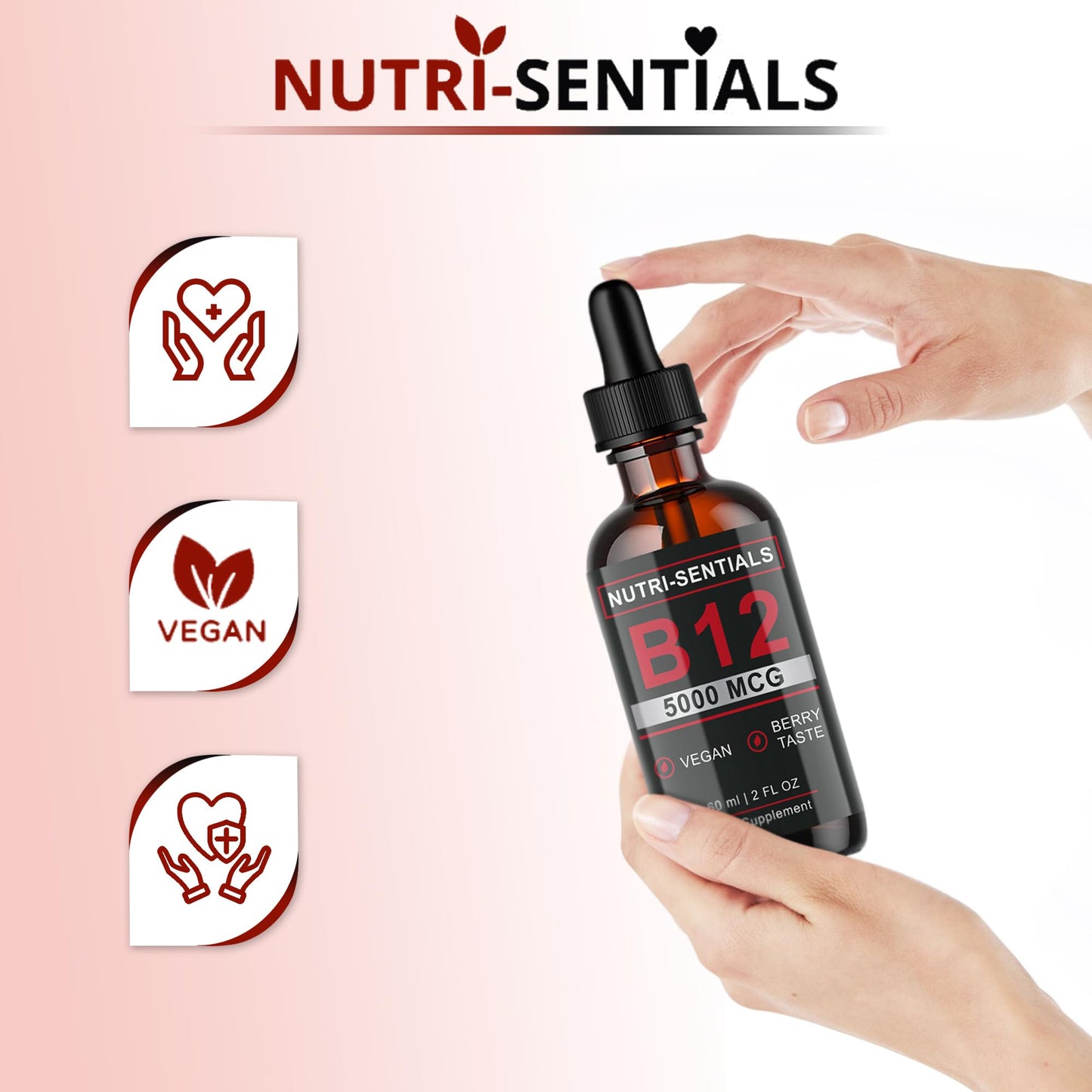 Vitamin B-12 Liquid Drops - 5000 mcg Methylcobalamin High Strength Supplement, for Increasing Metabolism, Immunity, Energy and Improving Concentration & Mood - Vegan Berries Flavour, 60ml