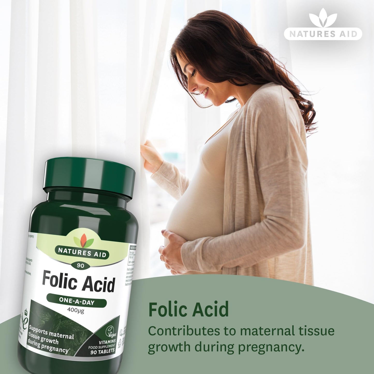 Natures Aid Folic Acid 400mcg – Supports Prenatal Health, Red Blood Cell Formation, DNA Synthesis – Vegan, Non-GMO, Gluten-Free – High Potency Natural Supplement – 90 Tablets
