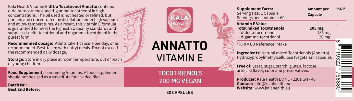 Annatto Tocotrienols Vegan Kala Health Vitamin E Supplements, Tocopherol Free, Eannatto Capsules Without PAH's and contaminants - Improved from Deltagold - 200mg - Non-GMO & Antioxidant (30)