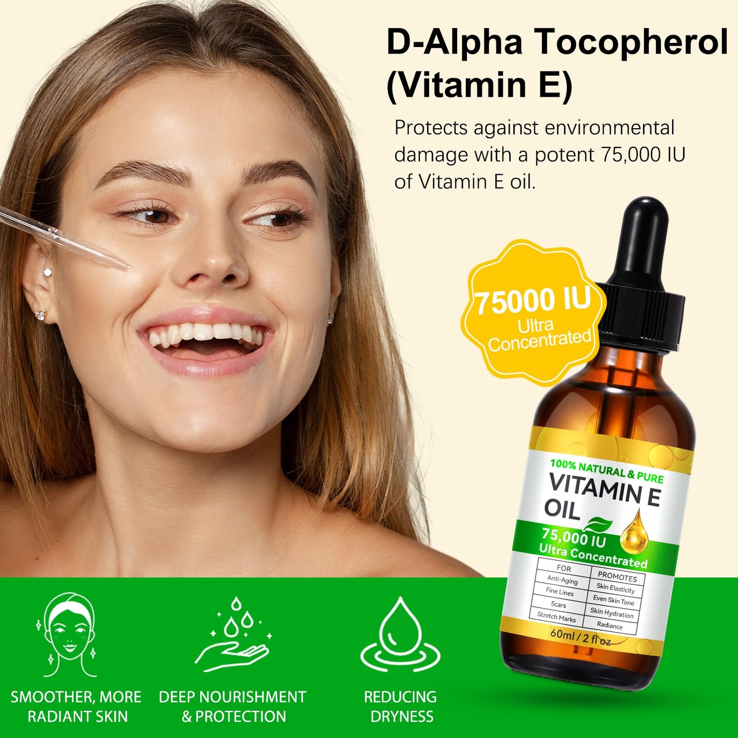 NBXINSLF Natural Vitamin E Oil for Skin, 75,000 IU Ultra Concentrated Vitamin E Oil for Face, Hair and Scars, Moisturizing Dry Skin Oils, Promotes Skin Elasticity, 2Fl Oz