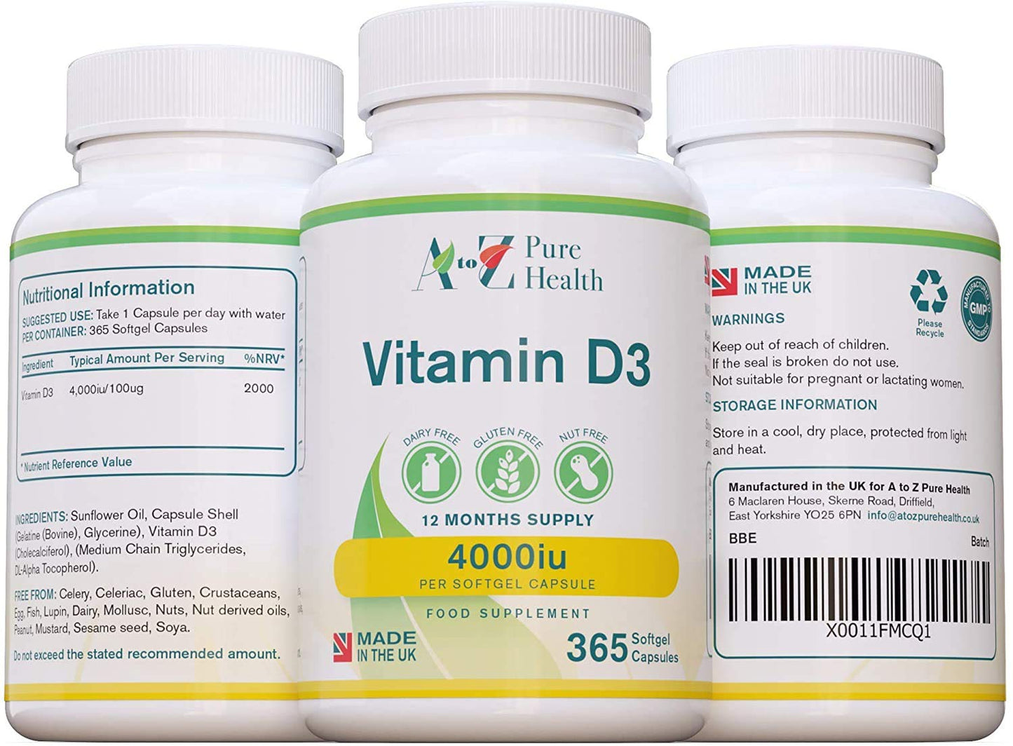 Premium High Strength Vitamin D3 4000iu Supplement | 365 Easy to Swallow Softgel Capsule | One a Day, Year Supply | Supports Healthy Bones, Teeth, Muscle and Immune System | UK Made