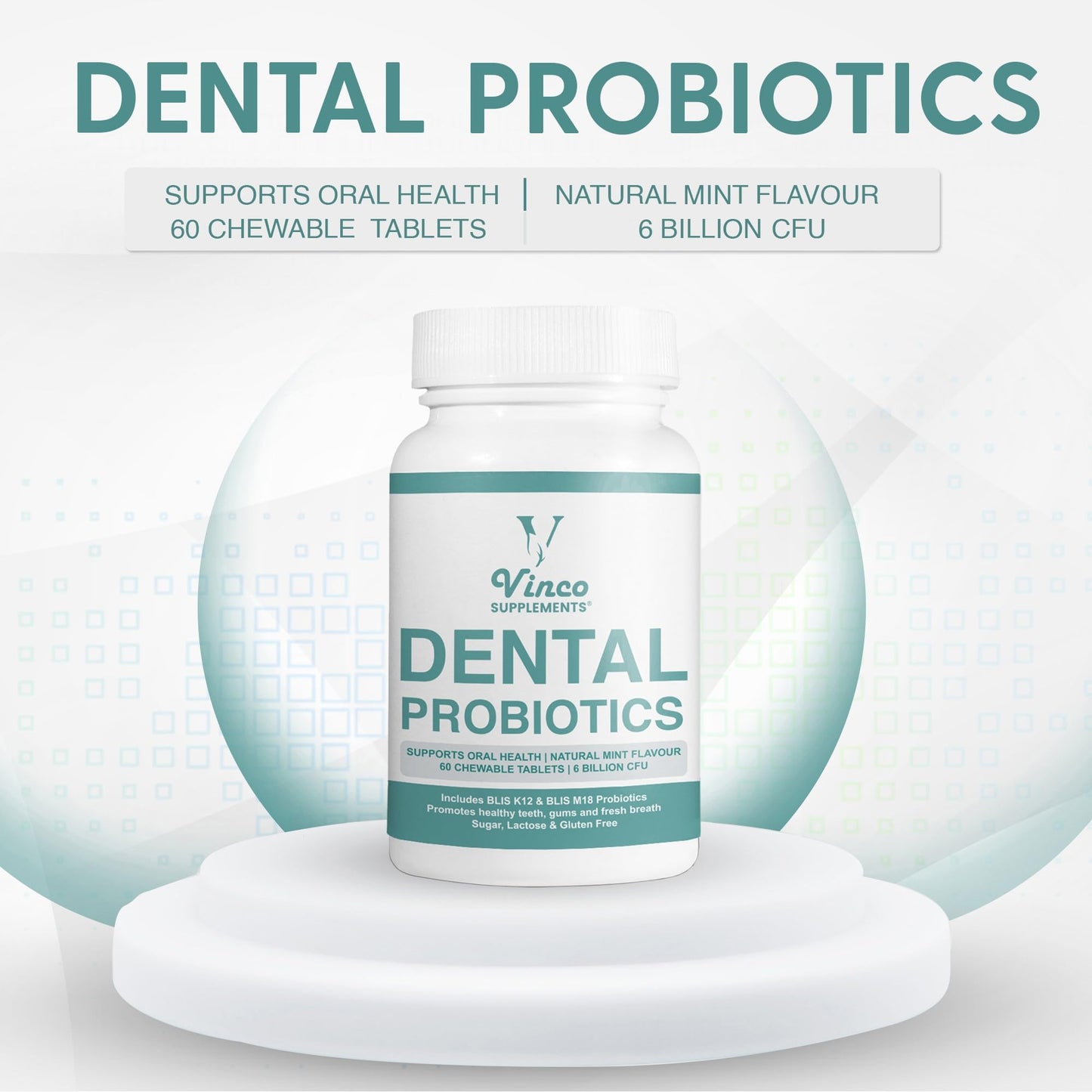 Vinco Supplements Dental Probiotics Advanced Oral Probiotics for Mouth Supplement - Bad Breath Treatment for Adults with BLIS K12 & BLIS M18-6 Billion CFU, Mint Flavour Chewable Oral Care Tablets - 60 Count