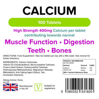 Lindens - Calcium 400mg with Vitamin D3-100 Tablets - UK Made - Contributes to Normal Muscle Function, Bones, Teeth and Digestion - Letterbox Friendly