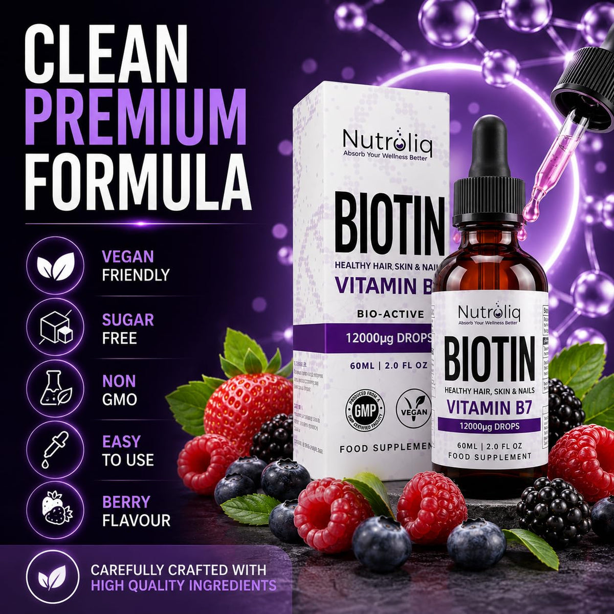 Nutroliq Absorb Your Wellness Better Nutroliq Biotin Liquid Drops - Vegan Vitamin B7 Dietary Supplement for Hair, Nail & Skin Health - Pure 12000mcg Biotin Drops for Hair Growth - Extra Strength Berry-Flavoured Vitamin H Serum - 60 ml