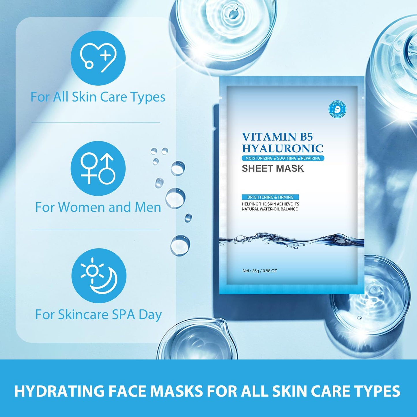 IREV Pack of 10 Hyaluronic Acid Face Masks Skincare with Vitamin B5, Daily Care Face Sheet Mask Hydrating Moisturizing Facial Mask Beauty Face Mask for All Skin