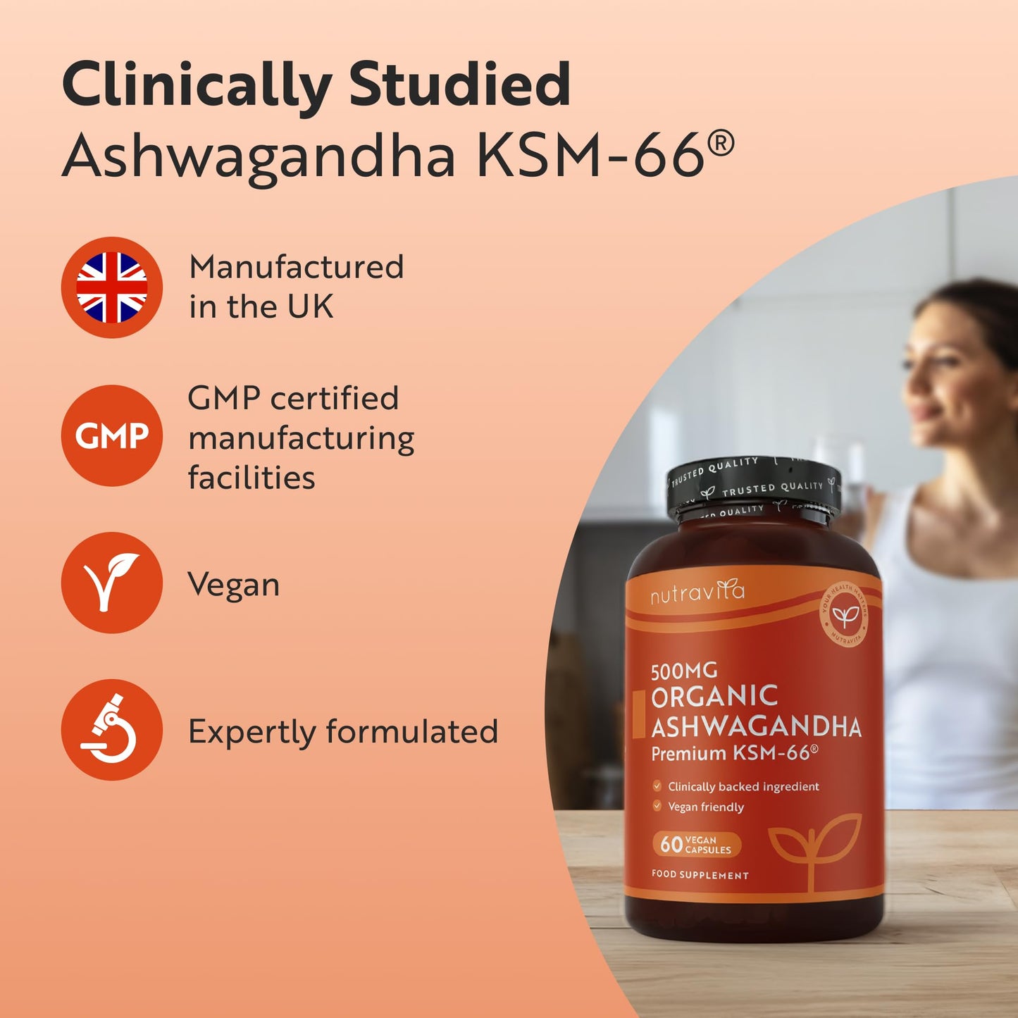 Nutravita Certified Organic Ashwagandha KSM 66® Root Extract - 60 Organic Ashwagandha High Strength Vegan Capsules - 500mg Ashwagandha KSM 66 Powder per Capsule - Herbal Supplements - Made in the UK