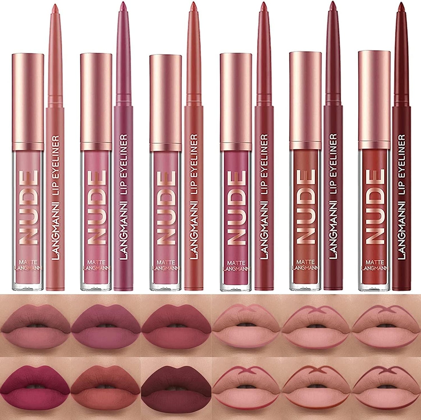 LANGMANNI 6 Matte Lipstick with 6 Lipliners Durable Lip Gloss,Long-Lasting&Waterproof Non-Stick Cup High Pigmented Velvet Lipgloss Kit,Beauty Cosmetics Gift for Girls(12PCS)