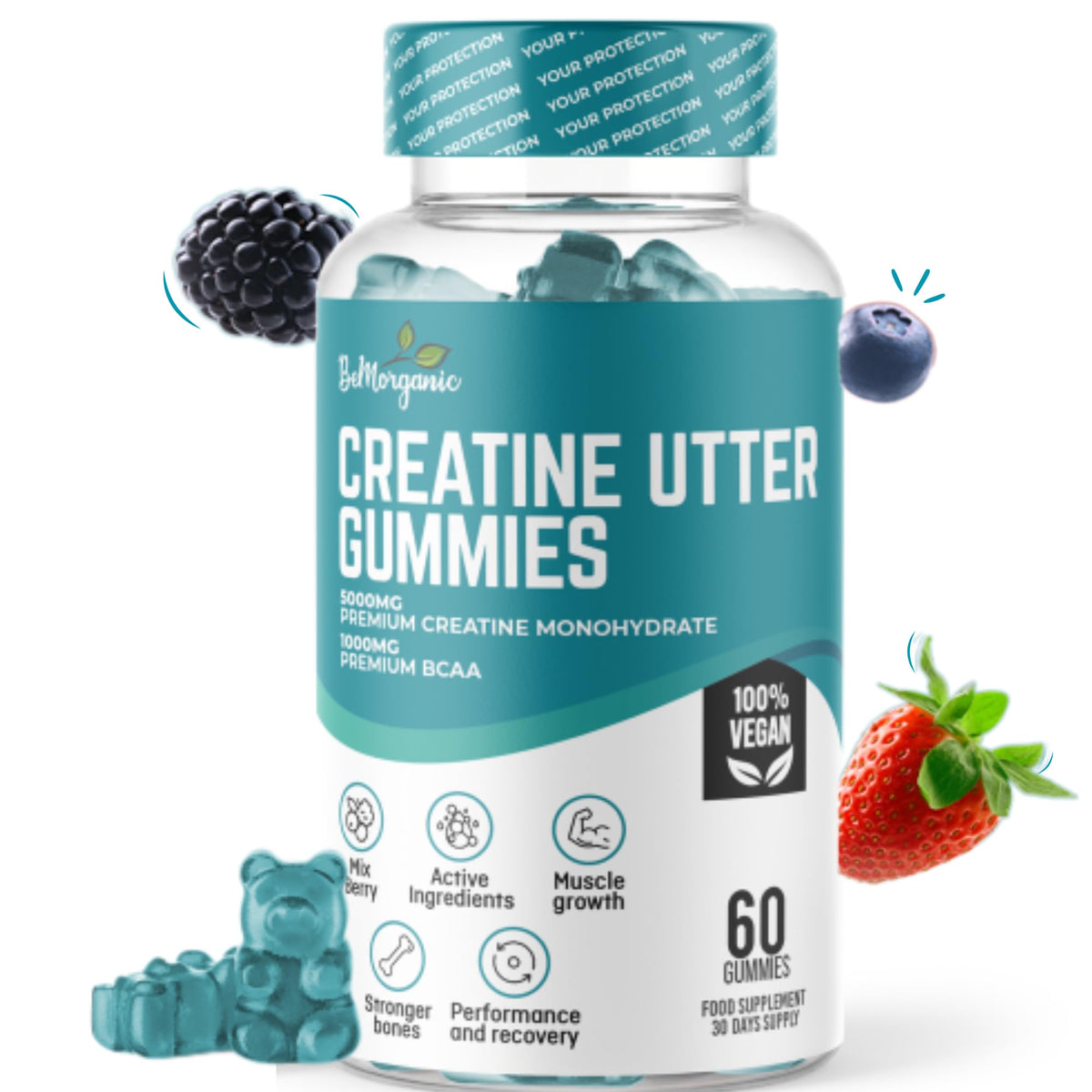 BeMorganic Premium Creatine Monohydrate Gummies 5000mg with 1000mg BCAAs High Strength Workout Support for Muscle Power Strength & Recovery Vegan & Sugar Free Performance Formula 60 Tasty Gummies for Men & Women