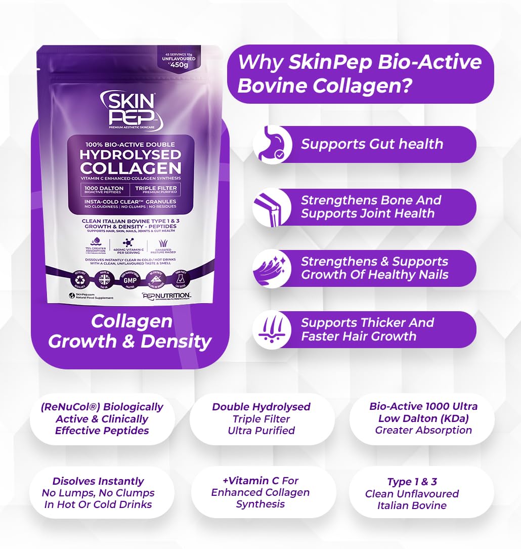 Collagen Peptides Powder Bioactive 1000 Dalton - SkinPep (225g) | 100% Pure Grass Fed Bovine | Halal Certified, UK Made | Double Hydrolysed + Vitamin C | Unflavoured Supplement for Women & Men