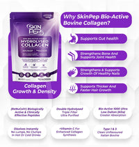 Collagen Peptides Powder Bioactive 1000 Dalton - SkinPep (225g) | 100% Pure Grass Fed Bovine | Halal Certified, UK Made | Double Hydrolysed + Vitamin C | Unflavoured Supplement for Women & Men