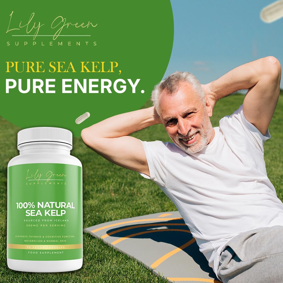 Lily Green Supplements Lily Green Organic Sea Kelp | 500mg Per Serving Thyroid Support Supplement | 435mcg of Iodine Supplement per Capsule | Non-GMO & No Artificial Fillers Cognitive Supplements | 90 Capsules | Made in UK