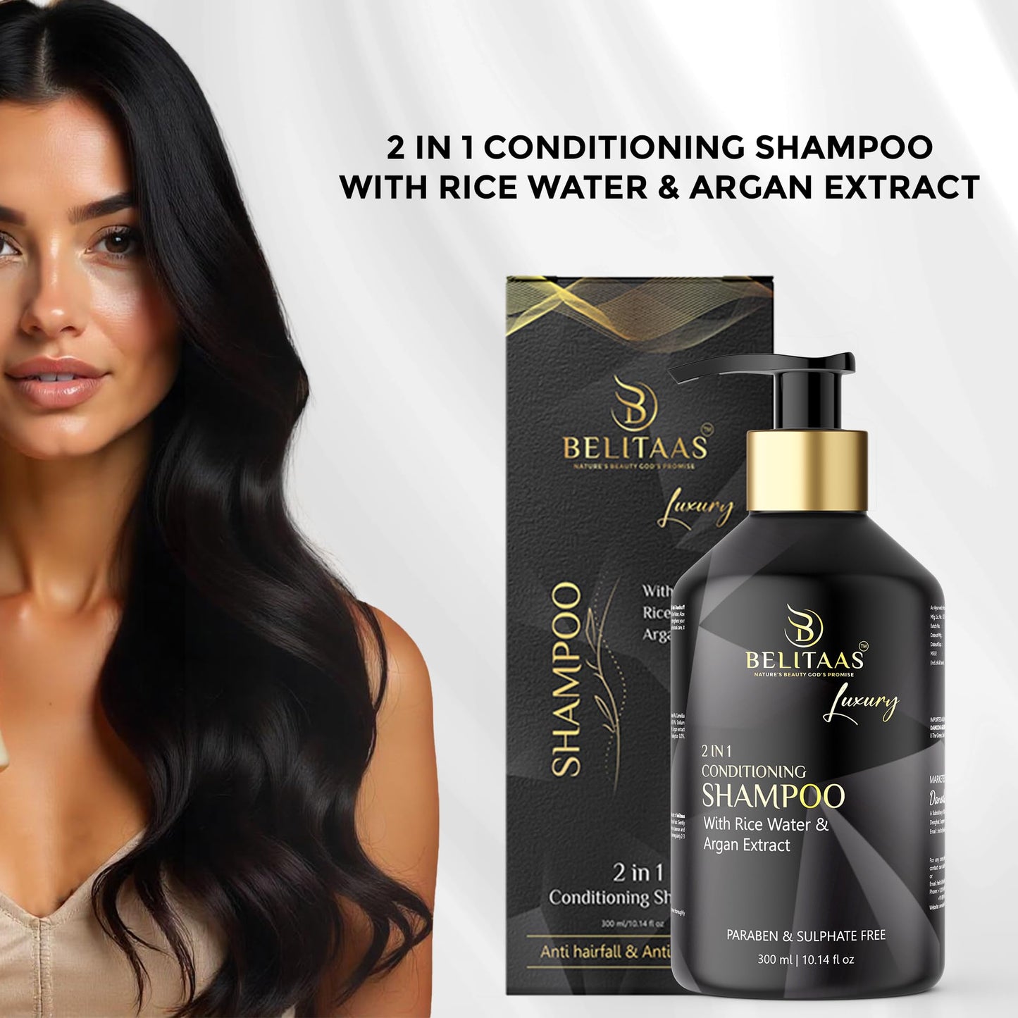 Belitaas Luxury Conditioning Shampoo with Rice Water & Argan Extract – Anti-Dandruff & Anti-Hairfall Treatment, 300ml