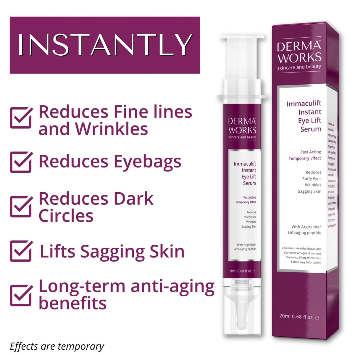 Dermaworks IMMACULIFT Instant Face Tightening Cream - Eye Cream for Dark Circles and Puffy Eyes - Temporary Eye Tightener - Instant Wrinkle Remover with Argireline Serum - Works in 2 Minutes – DERMAWORKS