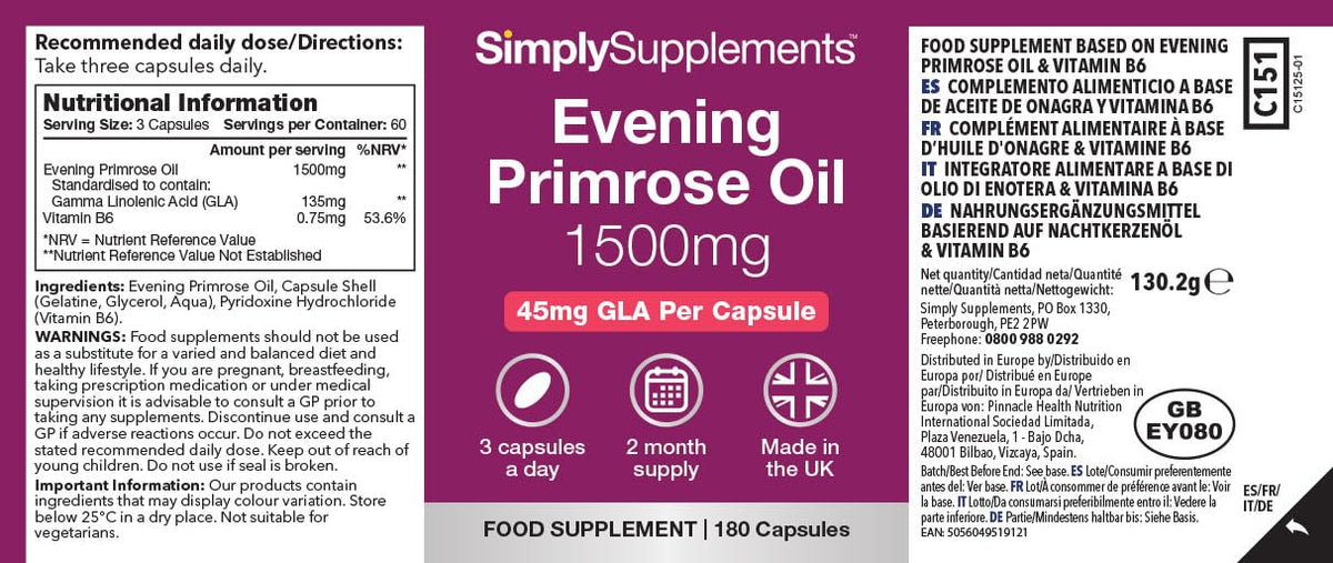 Simply Supplements Evening Primrose Oil 500mg | 180 Capsules | Cold Pressed Soft Gel Capsules | Contains Rich Concentrations of Gamma Linolenic Acid (GLA)