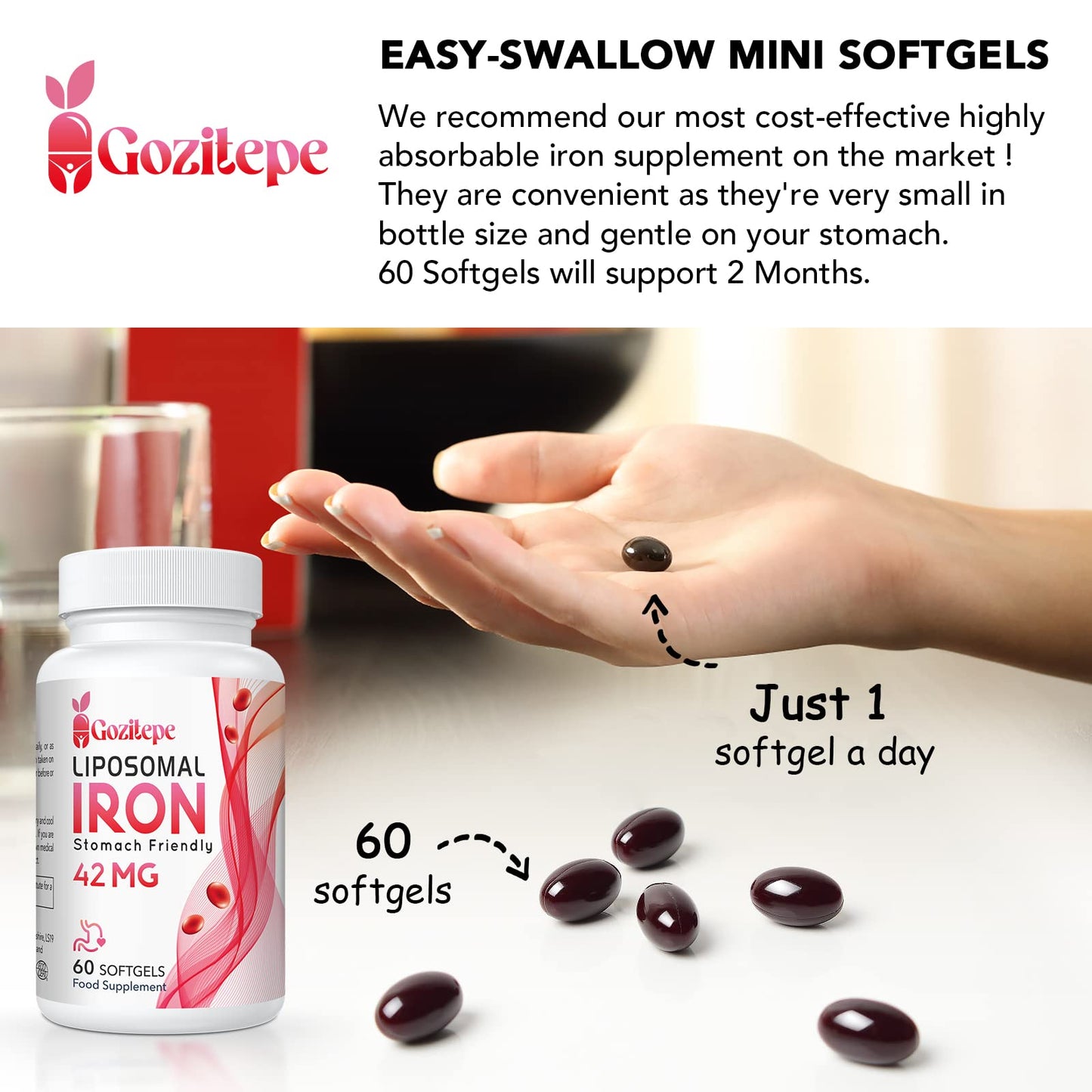 Liposomal Iron Supplement (as Ferrous Sulfate) with Folic Acid 400mcg and Vitamin B12 10mcg, Increase Iron Levels for Adults, Superior Absorbed and Stomach Friendly (60 Count (Pack of 2))