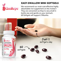 Liposomal Iron Supplement (as Ferrous Sulfate) with Folic Acid 400mcg and Vitamin B12 10mcg, Increase Iron Levels for Adults, Superior Absorbed and Stomach Friendly (60 Count (Pack of 2))