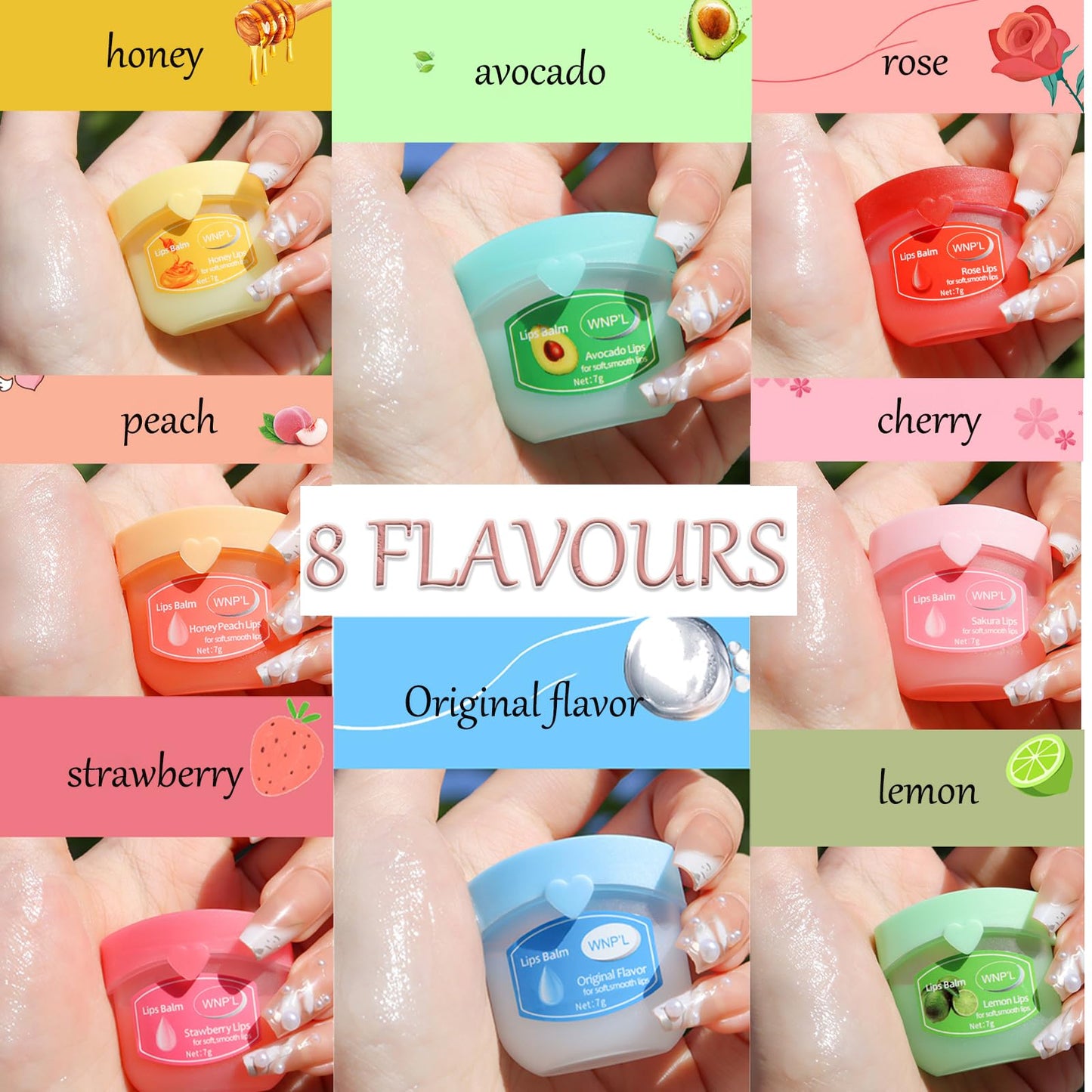 HERBENJOY Lip balm Set, 8 Packs Lip Balm Multipack,Original, Honey, Avocado, Rose, Sakura, Peach, Lemon & Strawberry,Reduce Lip Lines&Wrinkle Day&Night Lip Care Gift For Girls Women