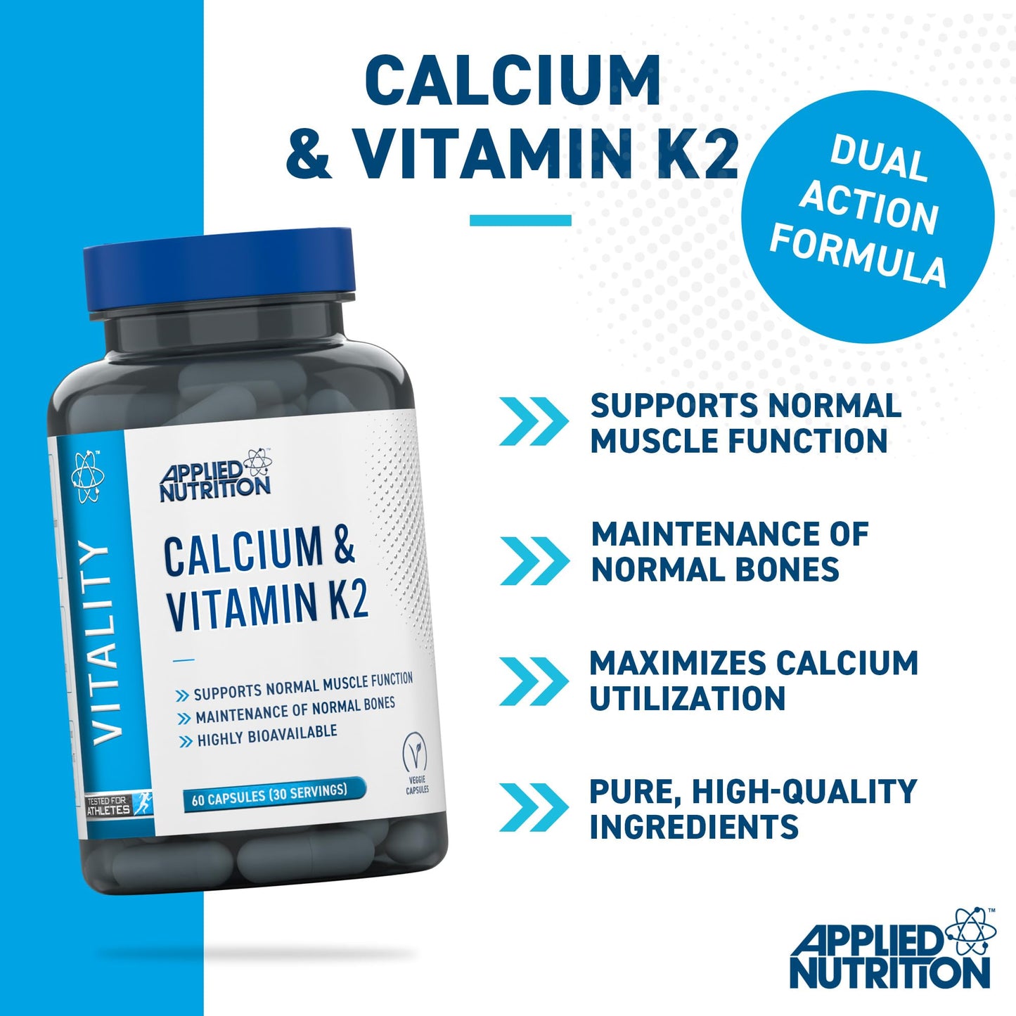 Applied Nutrition – Calcium & Vitamin K2 – Dual Action Formula – Best Bone Support – Best Muscle Function – High Absorption & Bioavailability – (60 Capsules – 30 Servings)