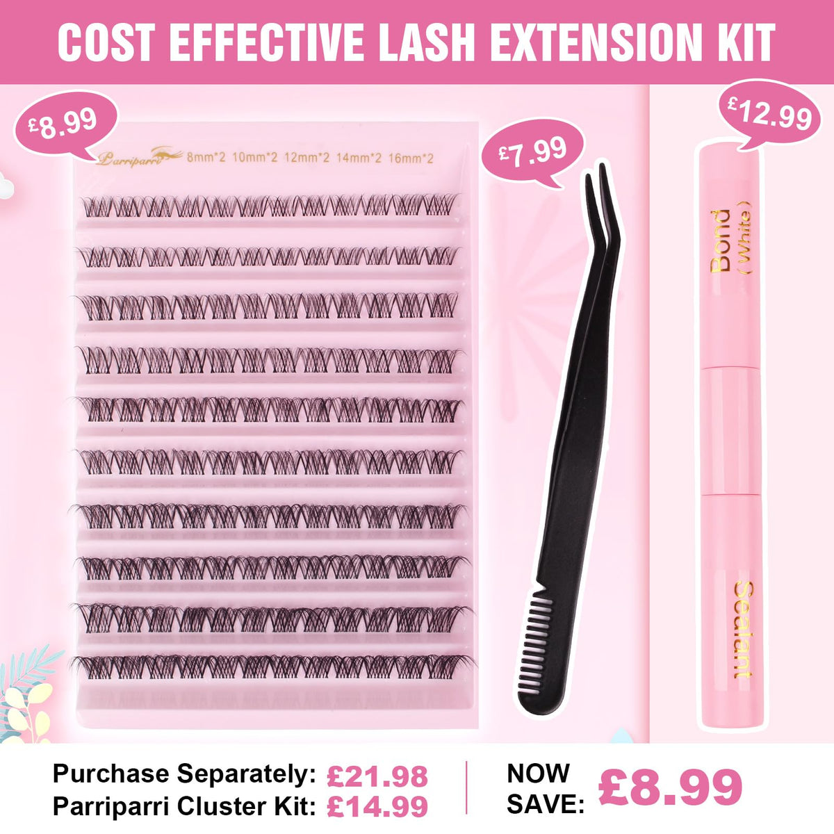 Parriparri Cluster Lashes Kit Clear Band 120Pcs Individual Lashes with Bond and Seal and Lash Extension Applicator Natural Eyelash Extensions Kit False Eyelashes DIY at Home (8-16MM MIX)