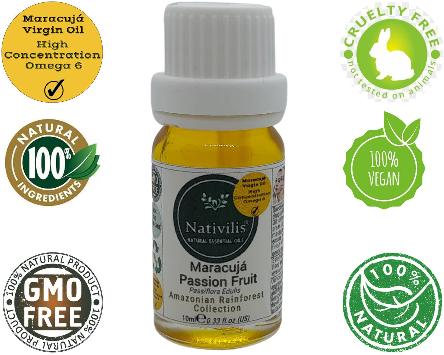 Nativilis Natural Essential Oils Nativilis Virgin Maracuja Passion Fruit Oil - (Passiflora Edulis) - Amazonian Rainforest Collection High Concentration Omega 6 - Sebum Regulating Properties Soothing on Skin Scalp - Copaiba Benefits