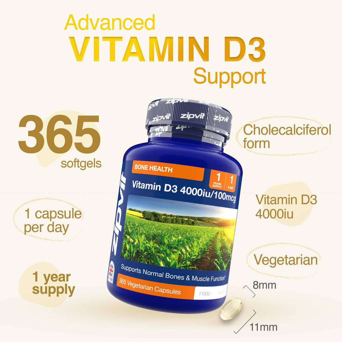 Zipvit Vitamin D3 4000IU Softgels, High Strength Vitamin D Supplement, Immune Support, 12 Months Supply, 360 Vegetarian Easy to Swallow Softgels