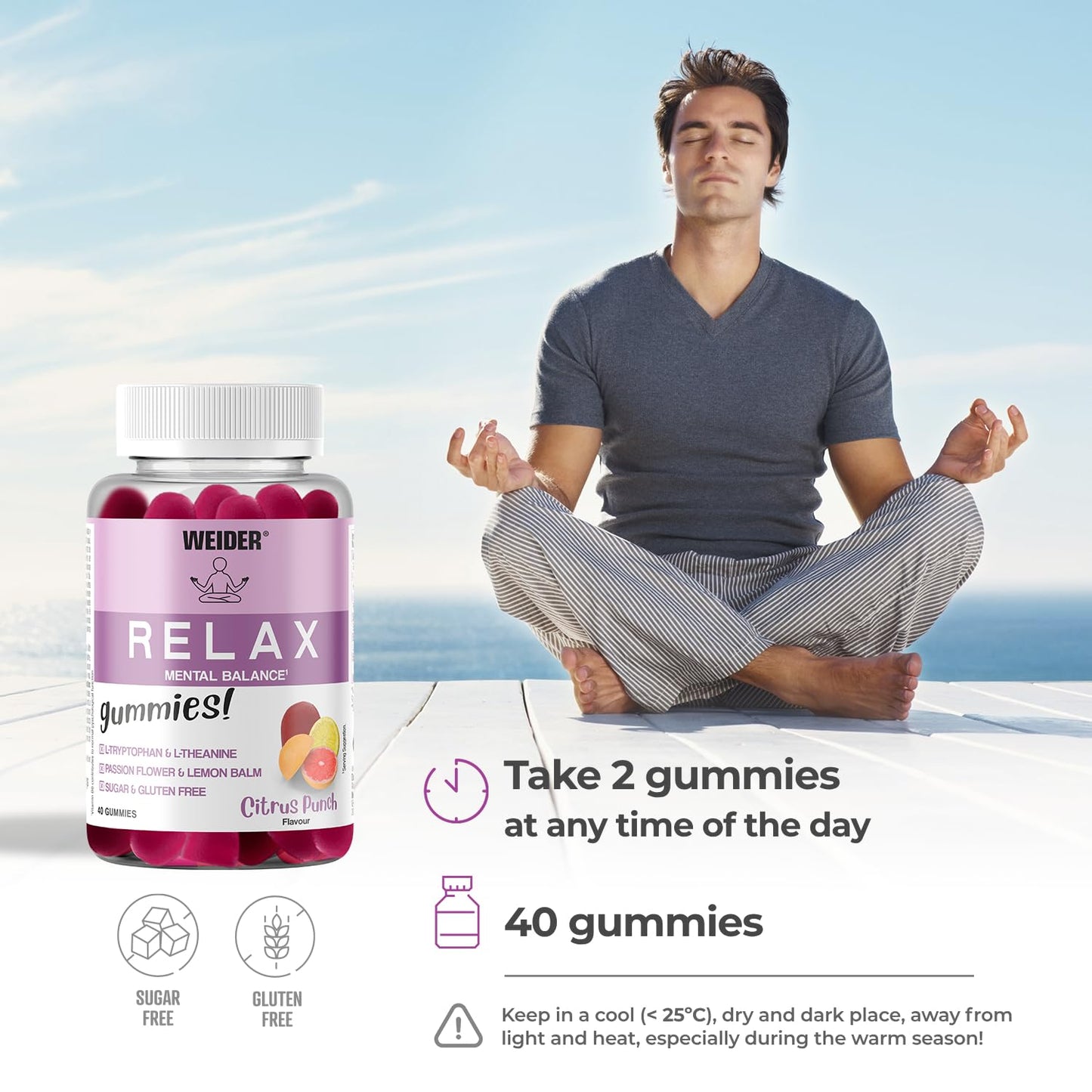 Weider Relax Gummies (40 Gums) Citrus Punch Flavour. Gummies with L-Theanine, L-Tryptophan, Passionflower and Lemon Balm extracts, Vitamin B6. Facilitates Relaxation. No Added Sugars, Gluten-Free.