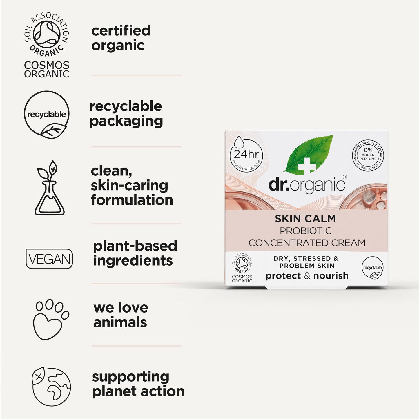 DR ORGANIC Dr Organic Skin Calm Probiotic Concentrated Cream, For Redness, Dry, Sensitive & Irritable Skin, 24hr Moisture, Dermatologically Tested, Vegan, Cruelty Free, Paraben & SLS Free, Certified Organic,50ml