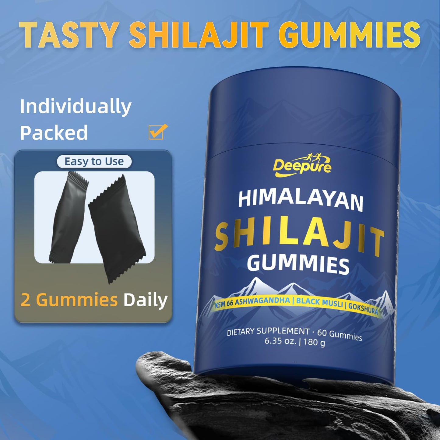 Deepure Shilajit Gummies for Men & Women Pure Himalaya Gold Shilajit Gummies Rich in Ashwagandha, Gokshura with Fulvic Acid & 85+ Trace Minerals, Energy Boost, Individually Wrapped, 60 Gummies