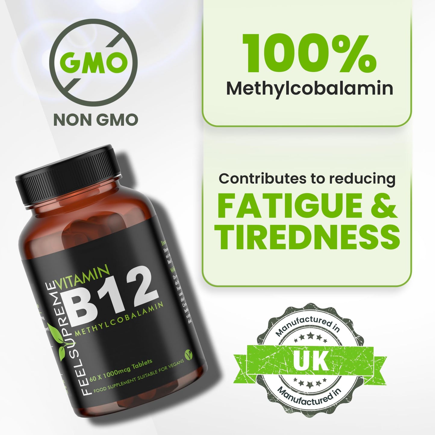 Vitamin B12 60 x 1000mcg Tablets - High Strength Supplement - Pure Methylcobalamin - Brain Function, Immune System, & Energy Support – for Men & Women - Made in The UK