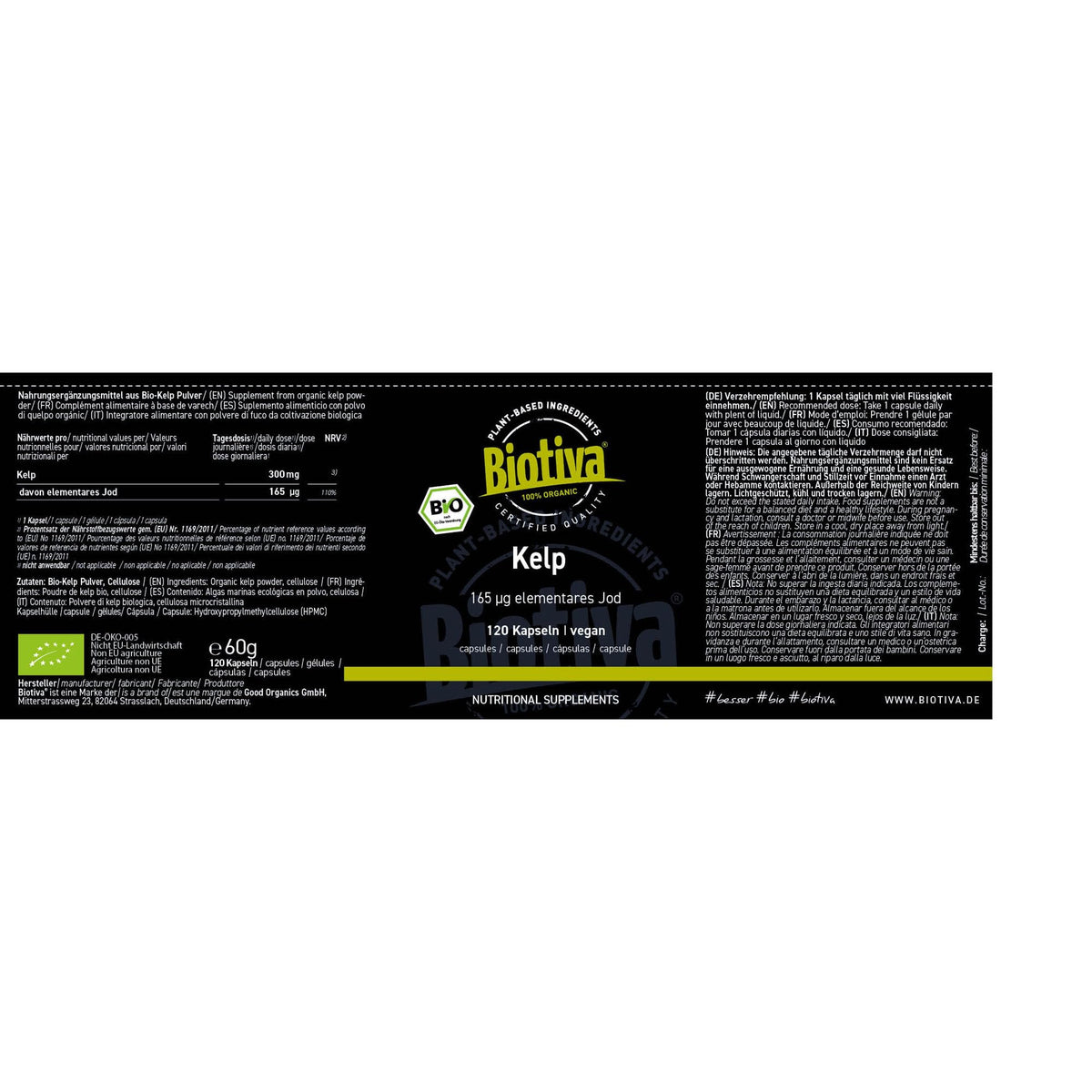 Kelp Bio high-dose 120 Capsules - 165 mg Natural Iodine - Kelp Algae - Bottled in Germany - 100% Vegan - No fillers or Anti-Caking Agents - Biotiva
