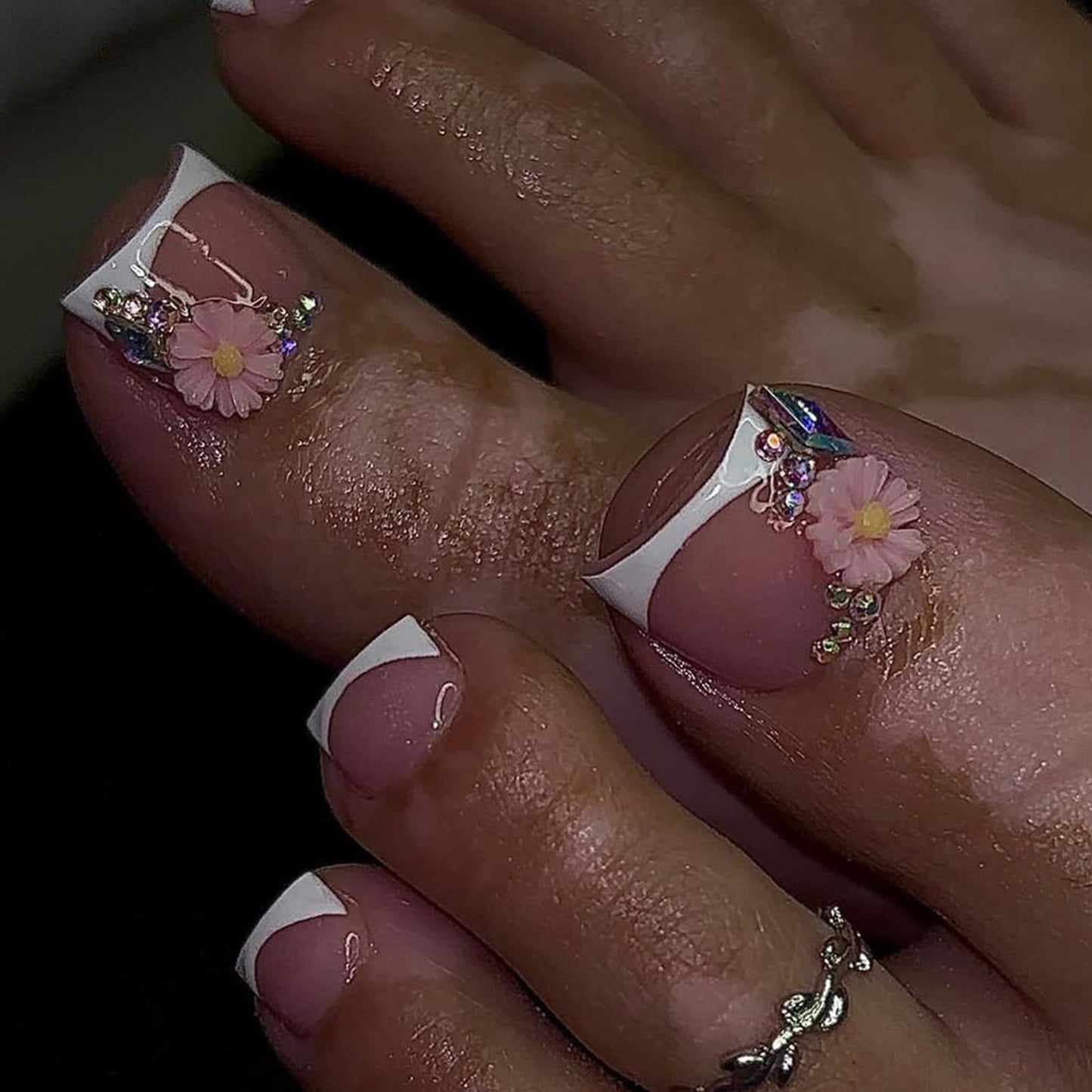 Ceboic Pink Flowers French Press on Toenails Short Square, Spring Summer Glitter Fake Toe Nails with Rhinestones Designs, Full Cover Beach False Toenails, Cute Acrylic Gel Glue on Toe Nails for Women 24Pcs