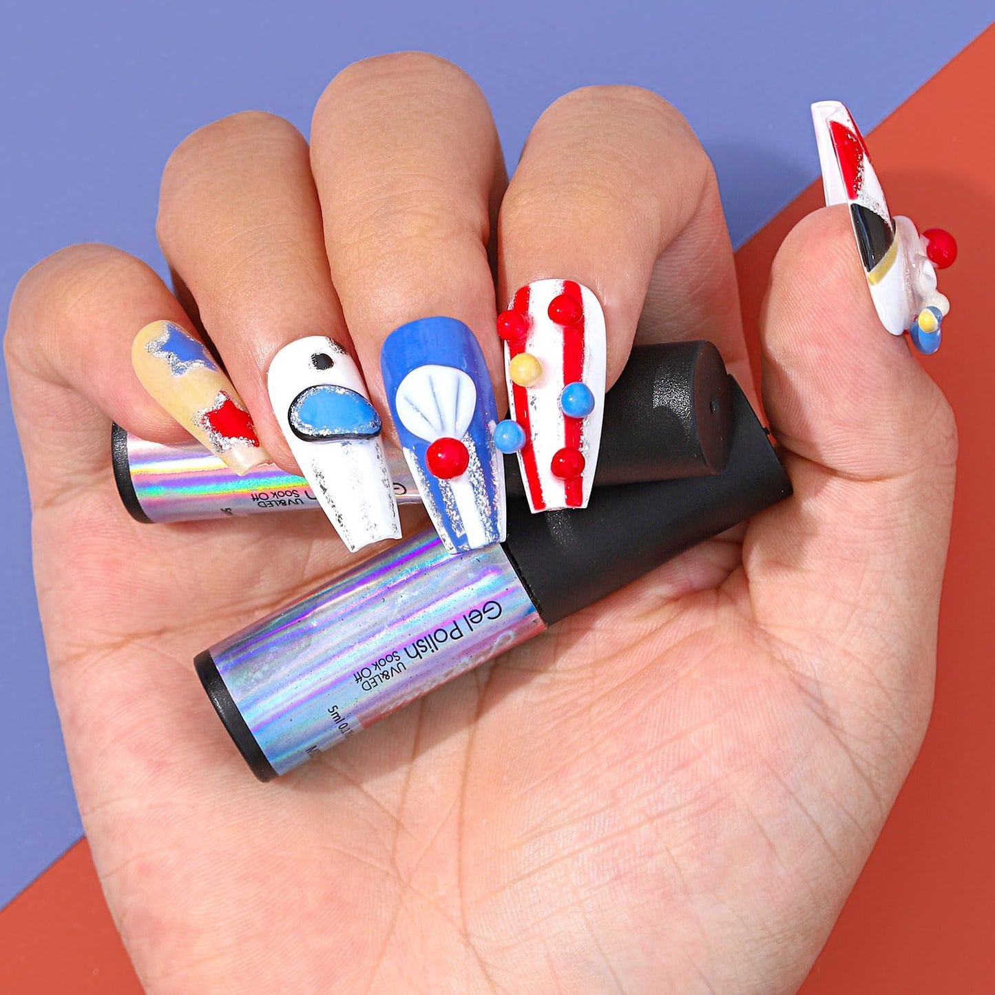 Sethexy Halloween Hand-painted Long Coffin Fake Nail 3D Clown Handmade False Nails Glossy Acrylic Press on Nails Salon Durable Quality Nails for Women and Girls(I)
