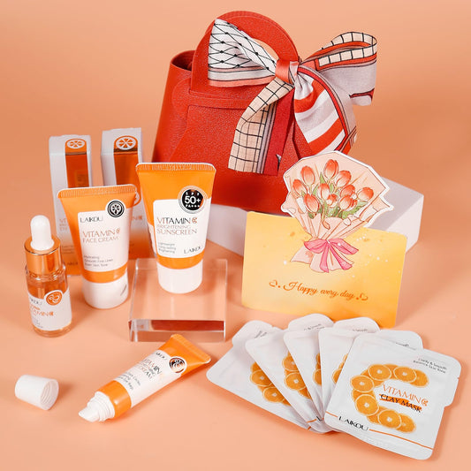 LAIKOU Vitamin C Skincare Gift Set, 9 Pcs Face Care Sets & Kits, Serum, Eye Cream, Face Cream, Sunscreen, Clay Mask & Gift Bag, Radiance Pamper Gifts for Women Teenage Girls, Mothers Day Birthday Gift