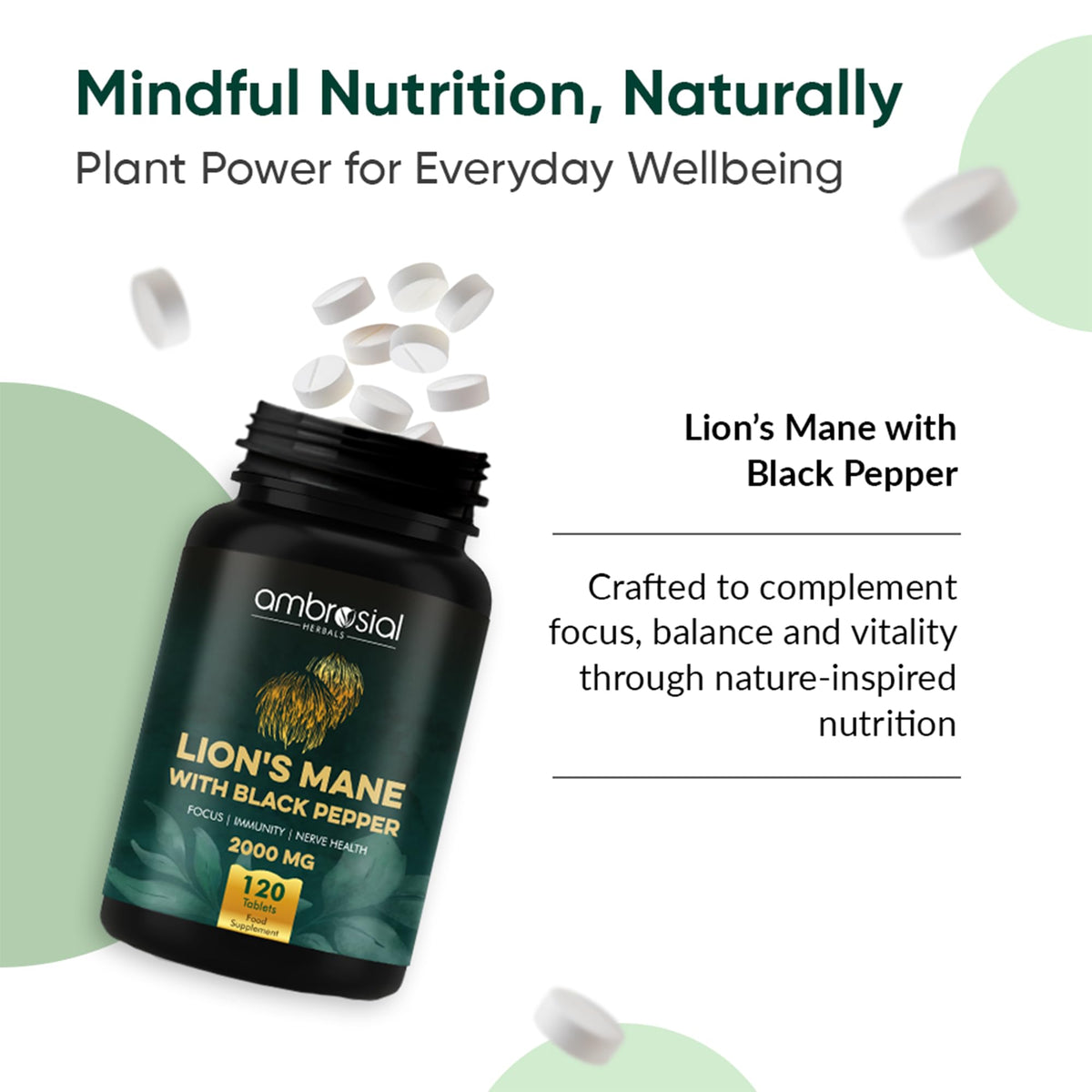 AMBROSIAL Ambrosial Lion’s Mane Mushroom Supplement with Black Pepper – 2000 mg High Strength Extract per Serving – Plant-Based Brain & Body Balance Formula – 120 Vegan Tablets – Non-GMO, Gluten-Free