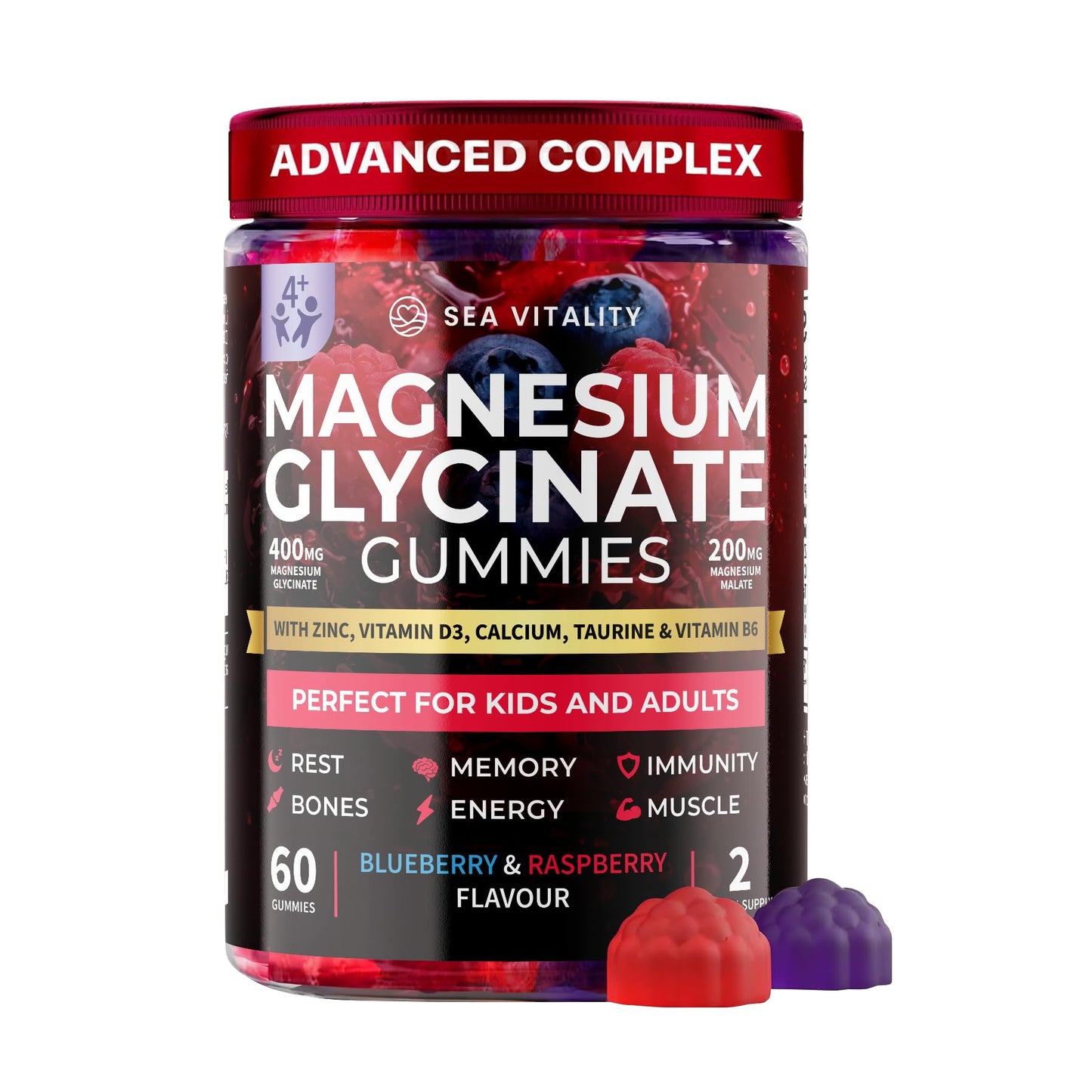 Magnesium Gummies for Kids & Adults - Magnesium Glycinate 400mg with Malate, Zinc, D3, B6 & Taurine – Blueberry & Raspberry Flavours
