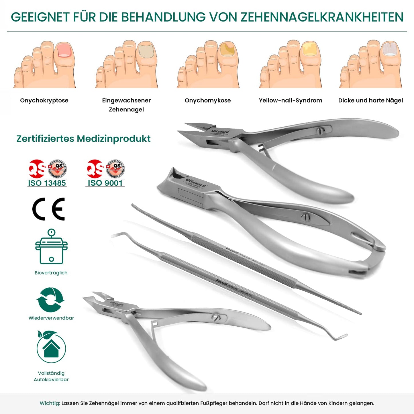 Podiatry Tool Kit by Blizzard – 5 Piece Set with Concave Arrow and Flame Toenail Nippers, Blacks File and Probe - German Forged Instruments - Hospital Grade