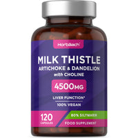Milk Thistle Capsules 4500mg | 80% Silymarin | Hisht Strength Complex with Artichoke, Dandelion and Choline | 120 Capsules | 100% Vegan Supplement | by Horbaach