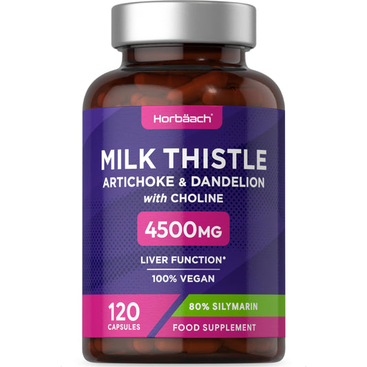 Milk Thistle Capsules 4500mg | 80% Silymarin | Hisht Strength Complex with Artichoke, Dandelion and Choline | 120 Capsules | 100% Vegan Supplement | by Horbaach