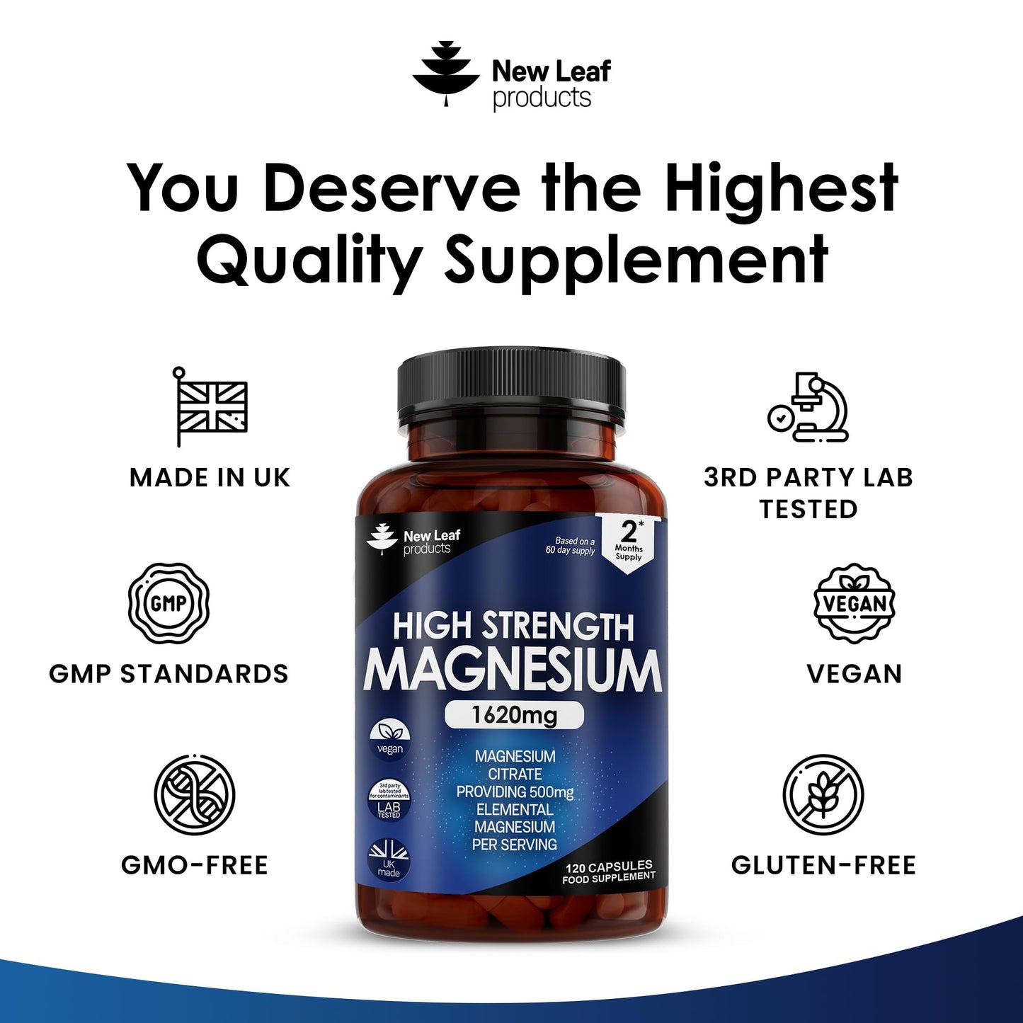 NEW LEAF PRODUCTS Magnesium Citrate Capsules 1620mg - Super Strength and High Absorption Magnesium Supplements - with 500mg ElementalMagnesium - Not Tablets - Muscle & Sleep Support (Two Months Supply)