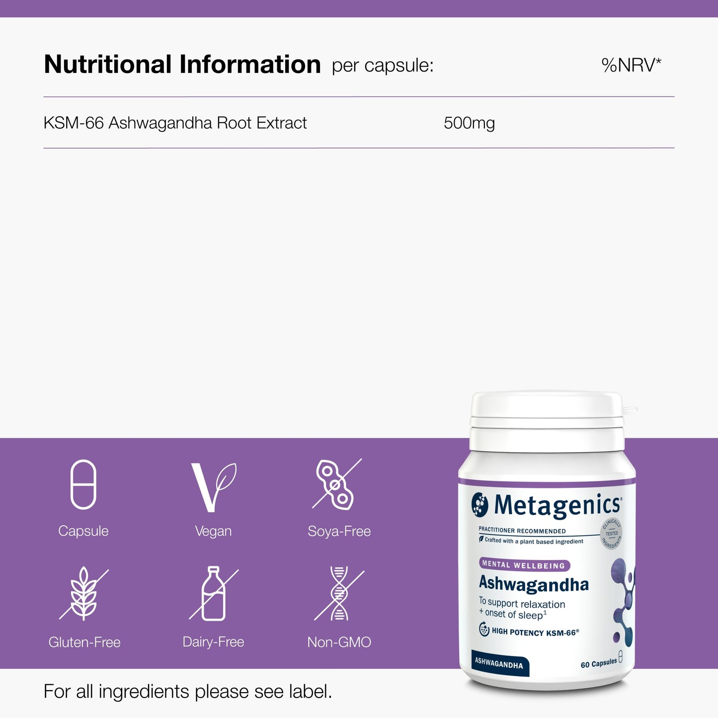 Metagenics Ashwagandha 500mg - Supports Mental Clarity and Hormone Balance - High-Strength Supplement - 60 Capsules