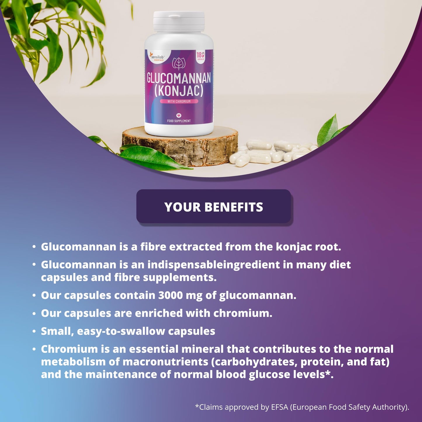 Glucomannan (Konjac) 3000 mg High Dose Capsules with Chromium, Vegan, Additives Free, Allergen Free, Non-GMO, 180 Capsules by Sensilab Essentials