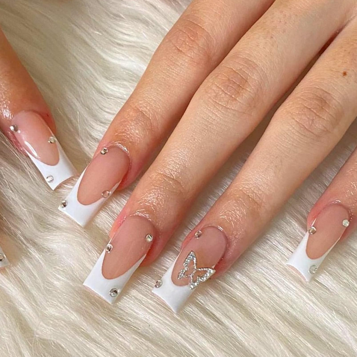 Maggidea French False Nails, Press on Short Square,White Tip Butterfly Stick on Nails, 24pcs False Nails with Glue Elegant Fake Nails for Women Girls Weddings (French Butterfly)