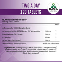 Ashwagandha High Strength KSM 66 Complex - 2000mg Enhanced with Rhodiola Rosea, L Theanine & Lemon Balm for Sleep Aid & Calm - 120 Ashwagandha KSM 66 Tablets - Vegan Supplement, Made in UK