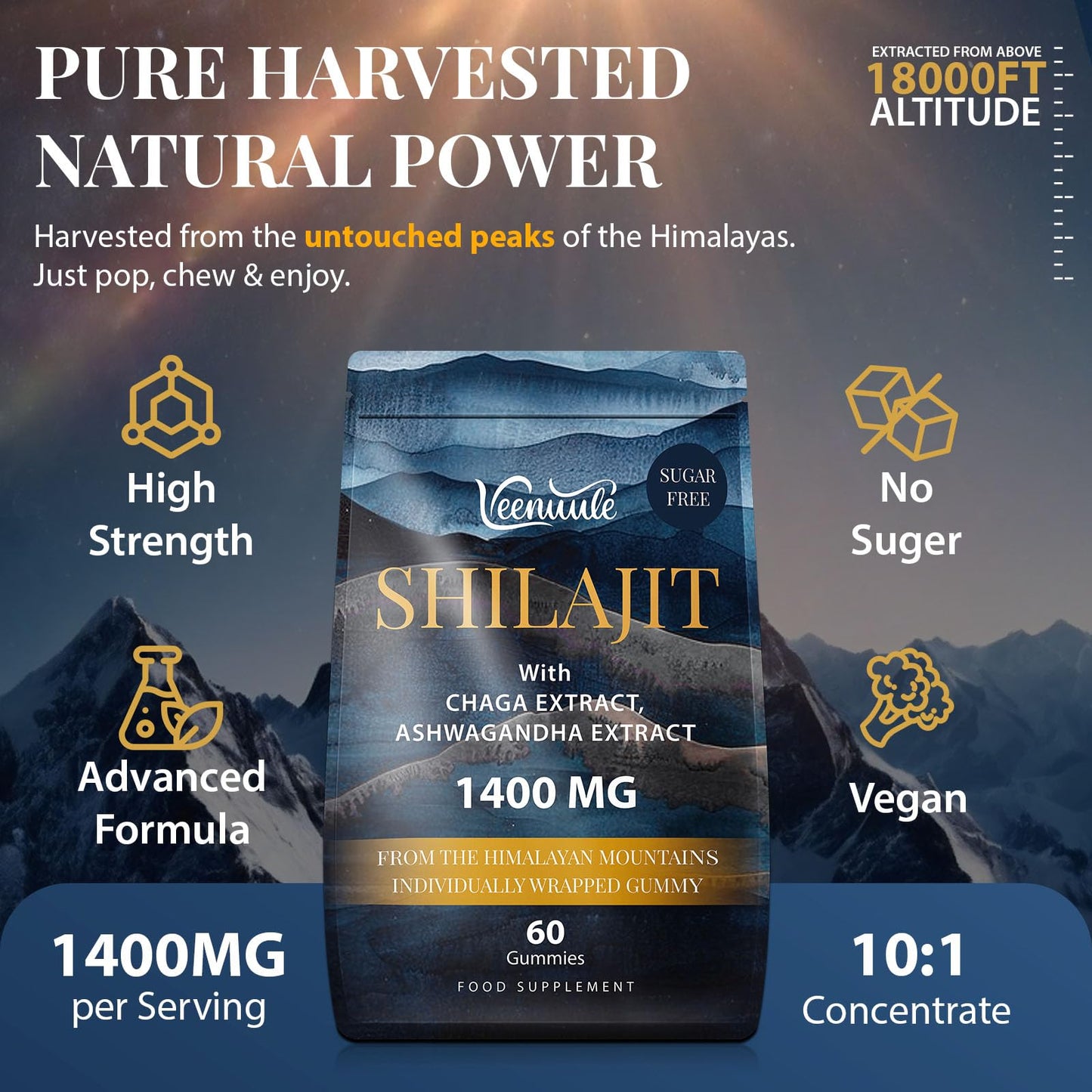 Veenuule 1400MG Shilajit Gummies, Pure High Strength Himalayan Shilajit Gummies with Chaga & Ashwagandha, Shilajit Gummies for Men & Women, 85+ Trace Minerals & Fulvic Acid, Zero Sugar, 60 Gummies