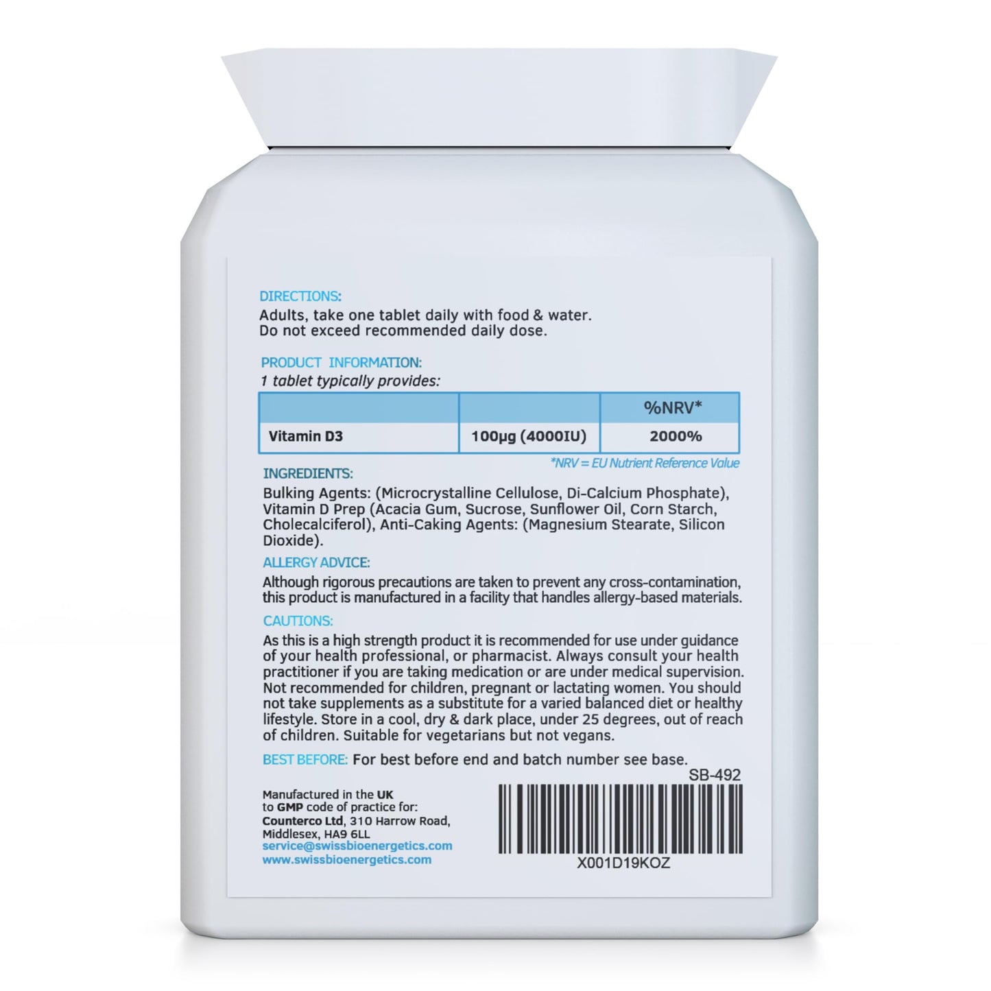 swiss bioenergetics Vitamin D3 4000 IU Tablets, 1 Year Supply - 365 Easy to Swallow high Strength Micro-Tablets - Vegetarian Vitamin D Supplement to Boost the Immune System and Support Bone Health - Made in the UK