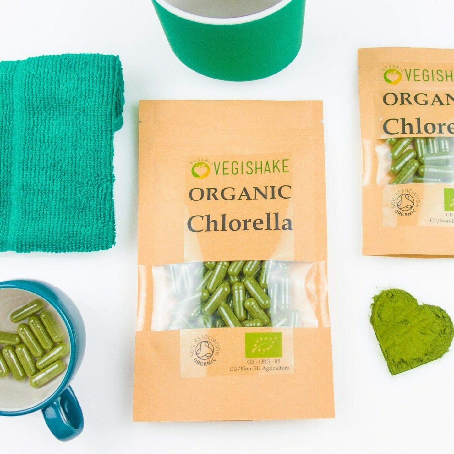 vegishake Organic Chlorella HPMC Capsules Algae Omega 3 & 6 Heavy Metal Detox Cracked Cell Wall Vegan Kosher Halal (60 Capsules)