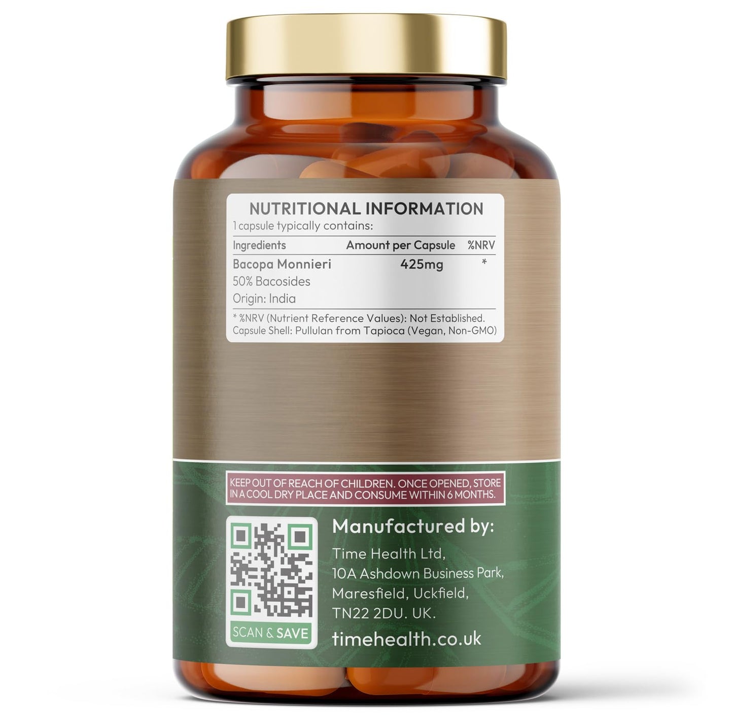 Time Health Bacopa Monnieri High Strength 50% bacosides - Zero Additives - Pullulan (120 Capsules)
