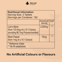 NEW LEAF PRODUCTS Lions Mane Mushroom 2000mg - 365 High Strength Vegan Tablets - Lion's Mane Supplement with Black Pepper - Lion's Mane Mushrooms Extract (Not Powder or Capsules) Made in The UK by New Leaf Products