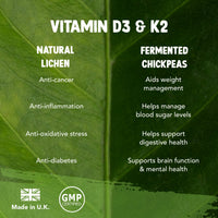 Vegan Vitamin D3 4000iu and Vitamin K2 MK7 100µg High Strength Completely Plant Based 60 Days Supply Vitamin D Vegan Tablets Gluten, GMO & Lanolin Free